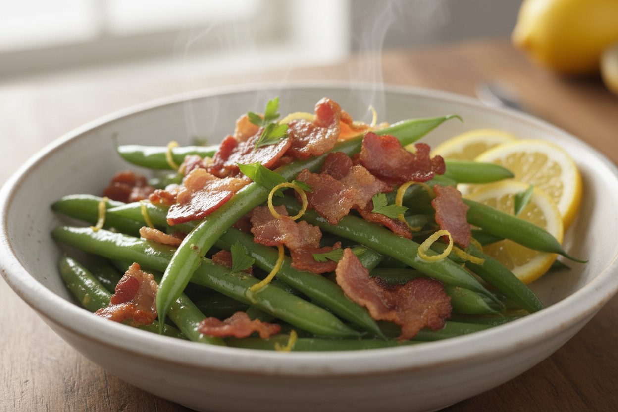 green beans with lemon butter and crisp bacon pieces