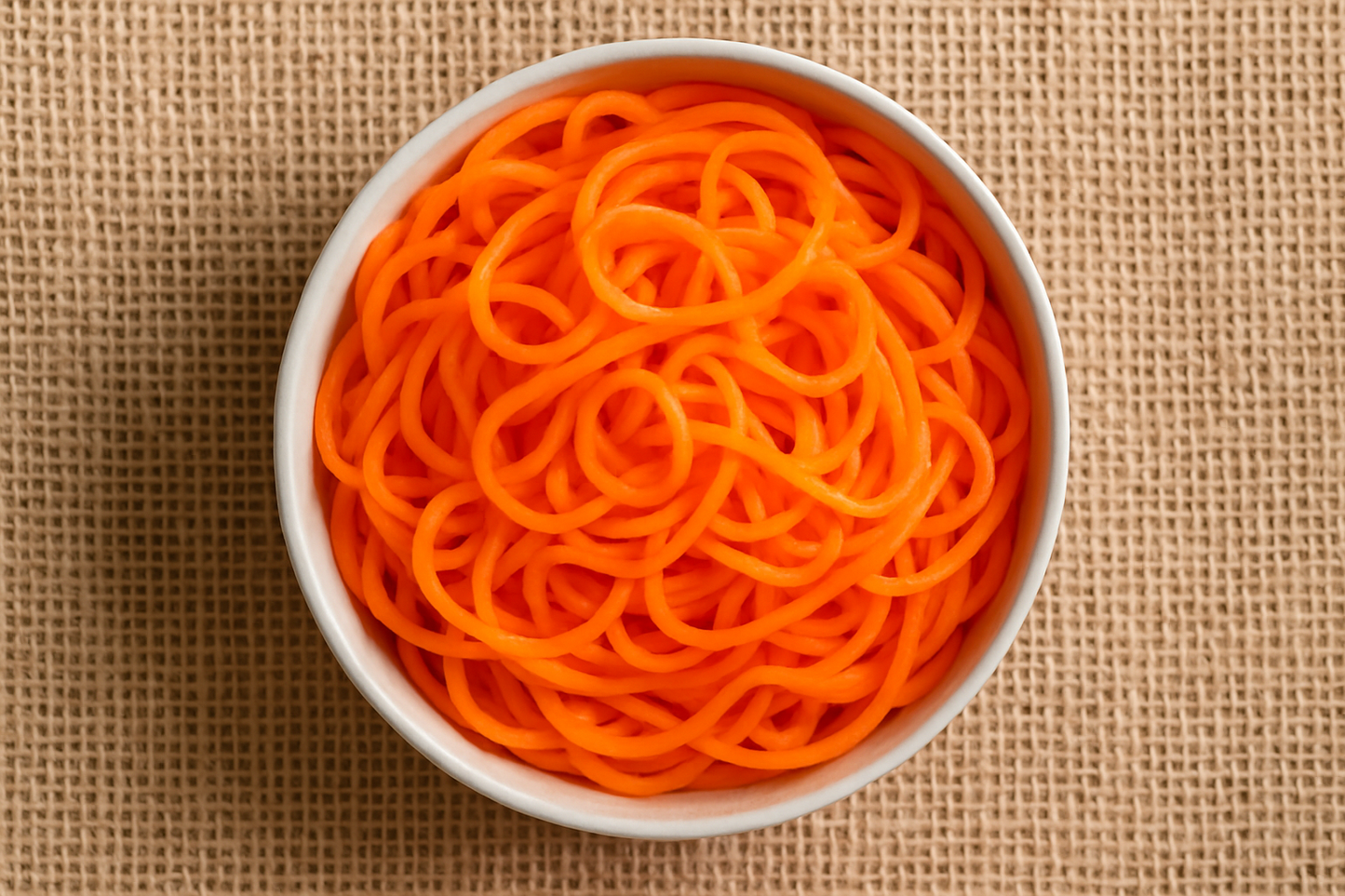 Image 1800 x 1800 of a bowl of carrot spaghetti from above with a hessian background