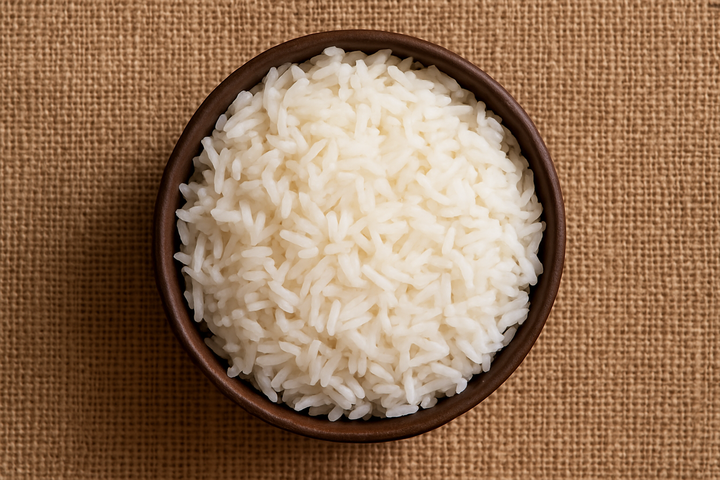 Image 1800 x 1800 of a bowl of jasmati rice from above with a hessian background