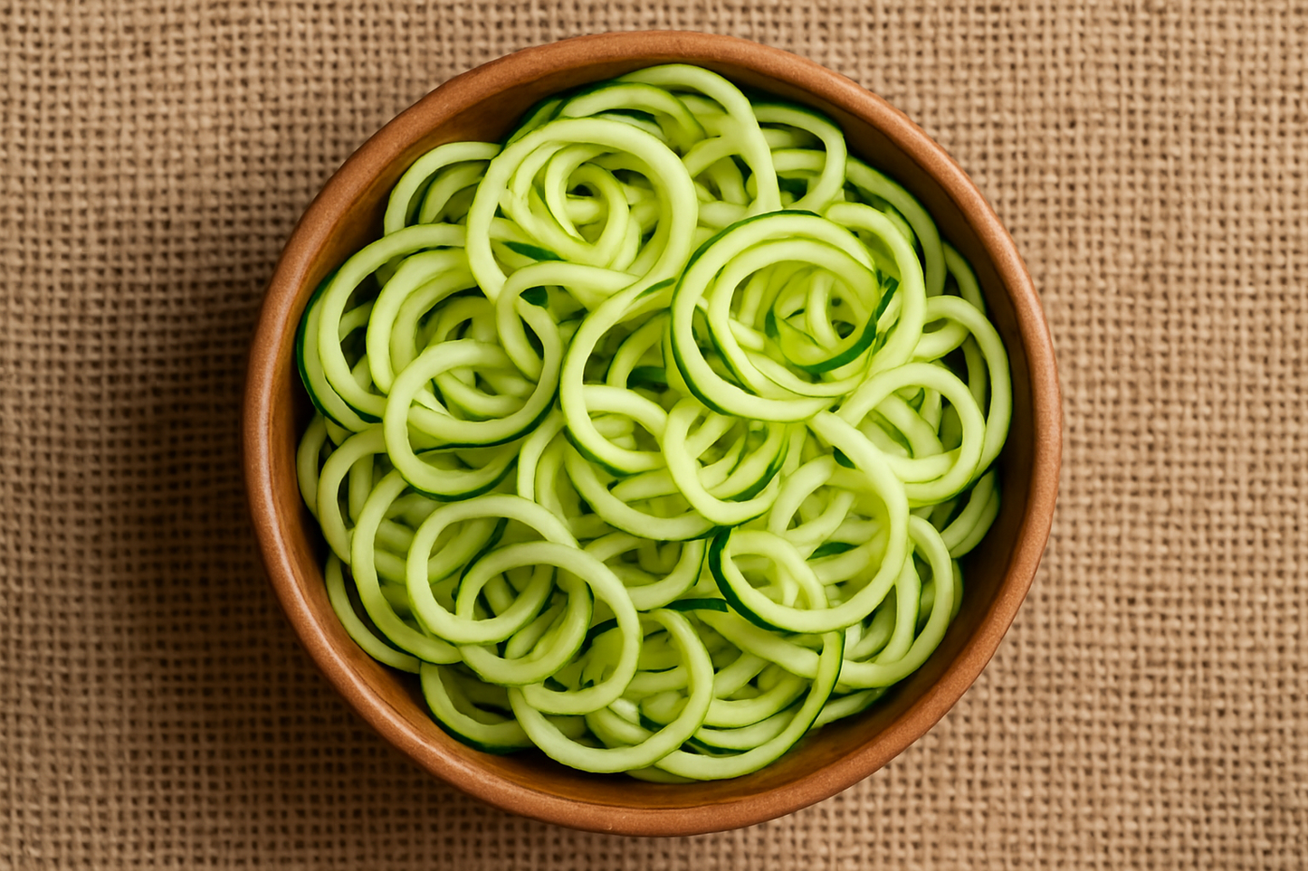 Image 1800 x 1800 of a bowl of zucchini zoodles from above with a hessian background
