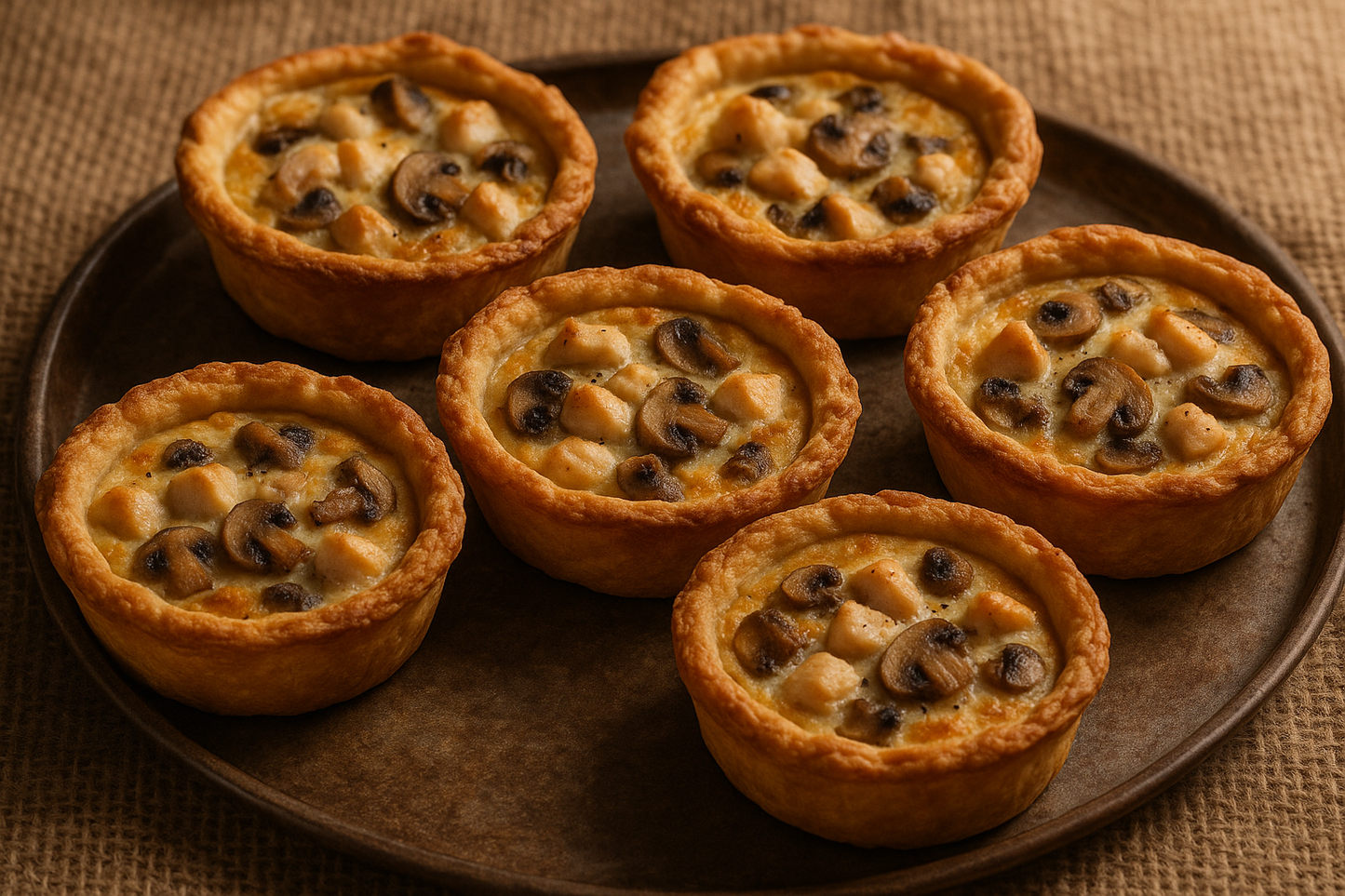individual rustic chicken and mushroom (small pieces) quiche on a tray with hessian background