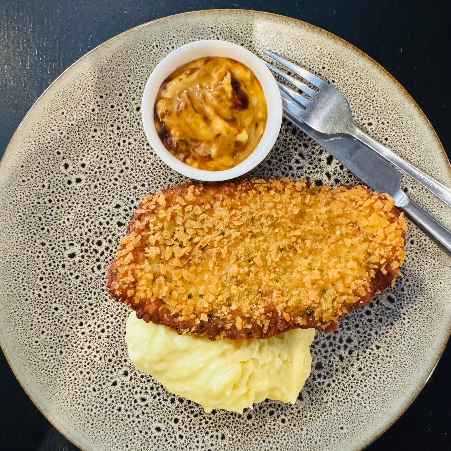 Chicken Schnitzel with Mash and BBQ Aioli