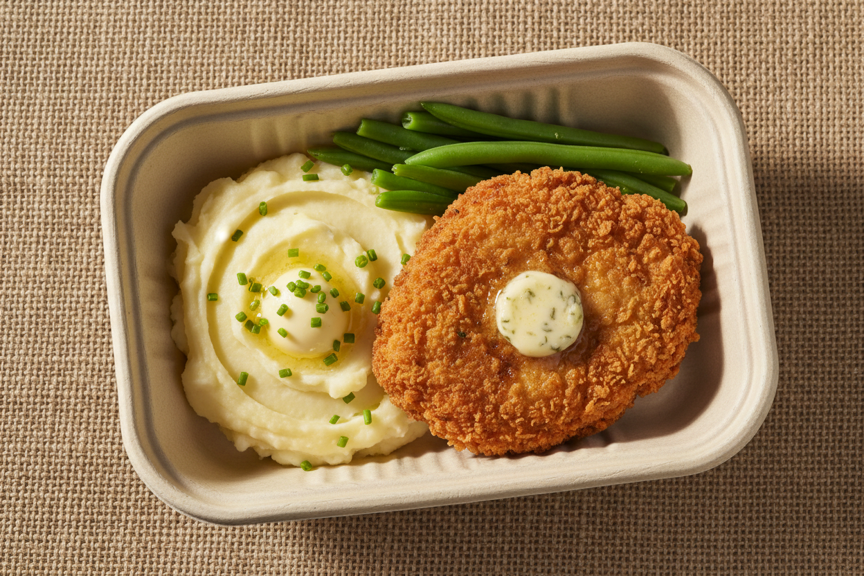 chicken kiev patty with potto mash and green beans in a recycled takeaway container with a hessian background