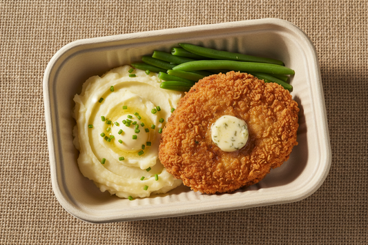 chicken kiev patty with potto mash and green beans in a recycled takeaway container with a hessian background