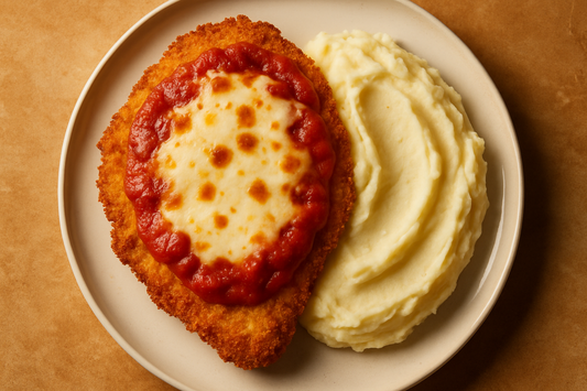 Chicken schnitzel parmigiana served with mash