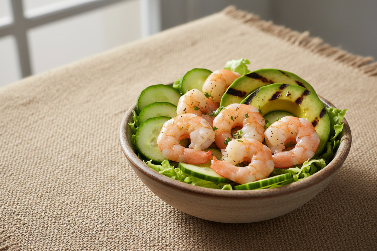 cooked prawns, grilled avocado, cucumber, shredded lettuce in a small bowl with hessian background