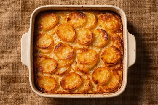 Image 1800 x 1800 of a bowl of potato bake from above with a hessian background