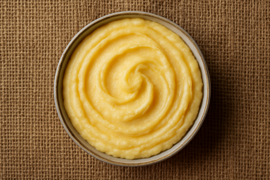 Image 1800 x 1800 of a bowl of potato mash from above with a hessian background
