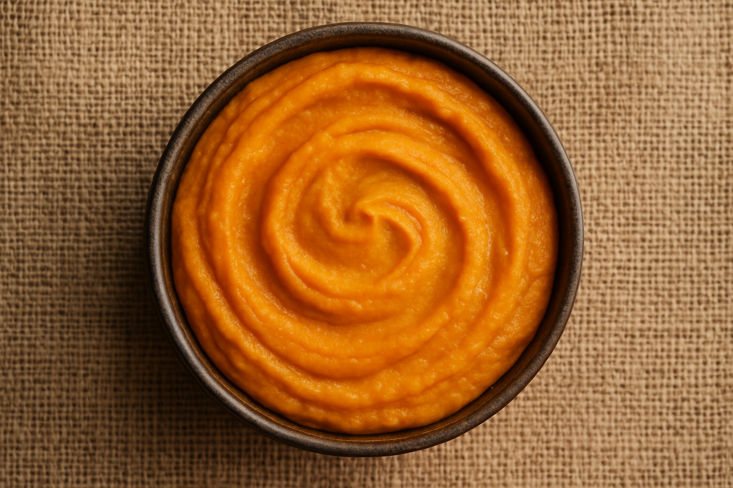 Image 1800 x 1800 of a bowl of pumpkin mash from above with a hessian background
