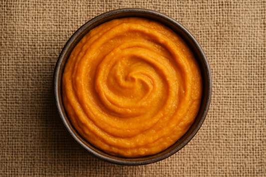 Image 1800 x 1800 of a bowl of pumpkin mash from above with a hessian background
