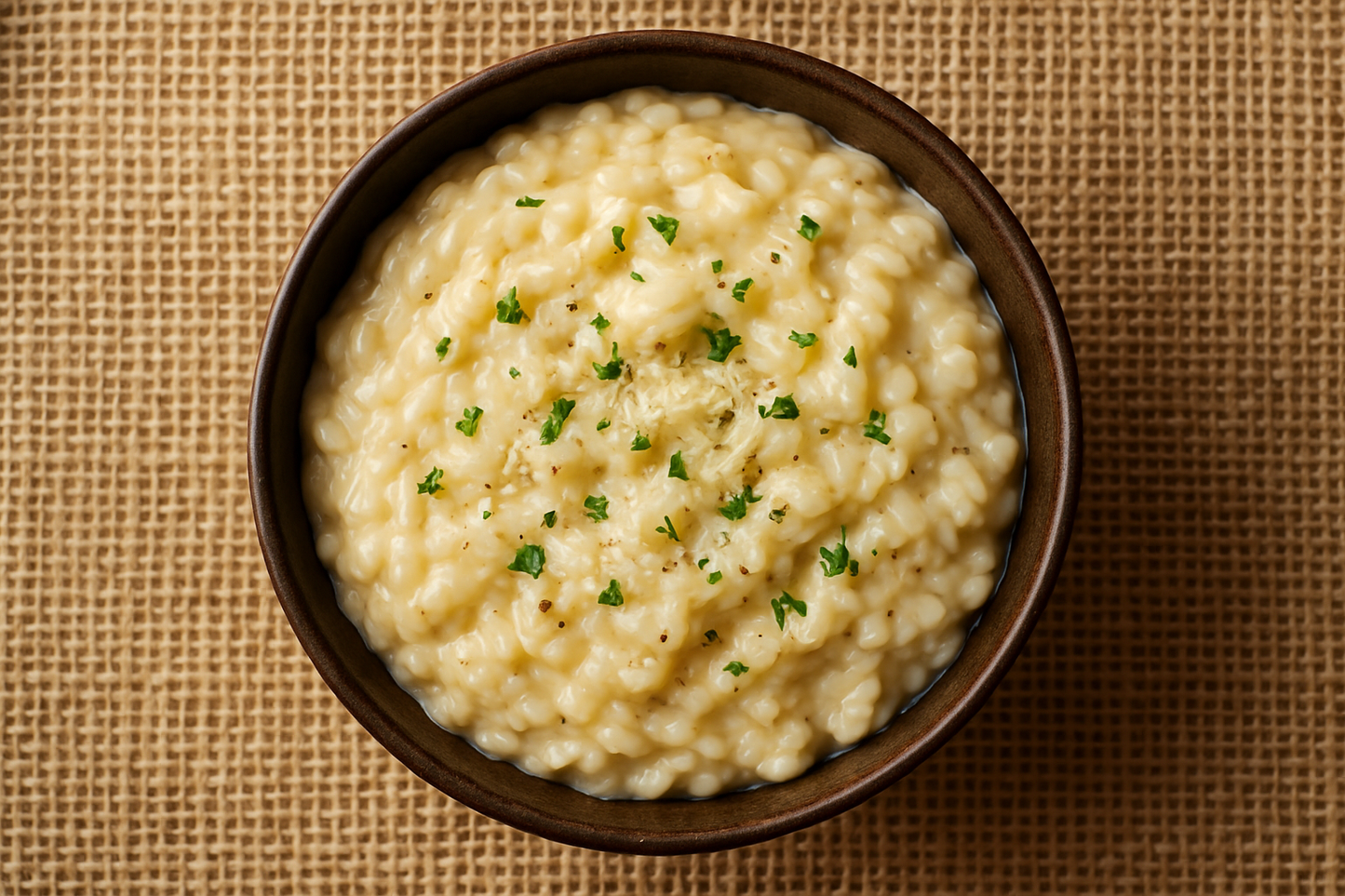 Image 1800 x 1800 of a bowl of risotto rice from above with a hessian background