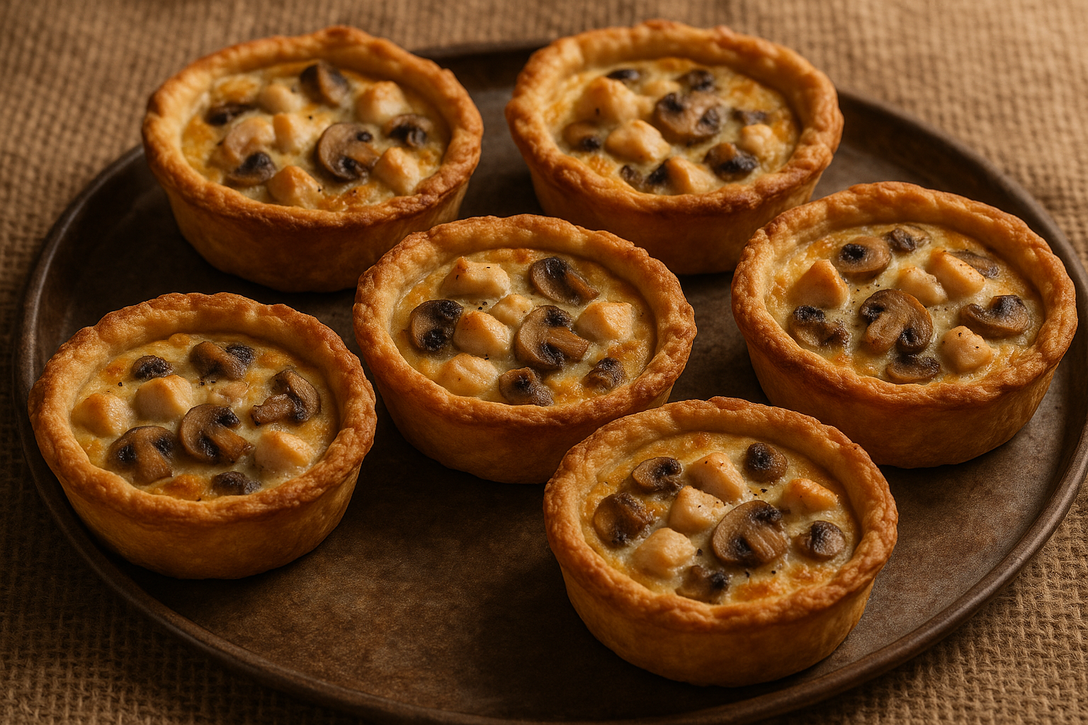 individual rustic chicken and mushroom (small pieces) quiche on a tray with hessian background