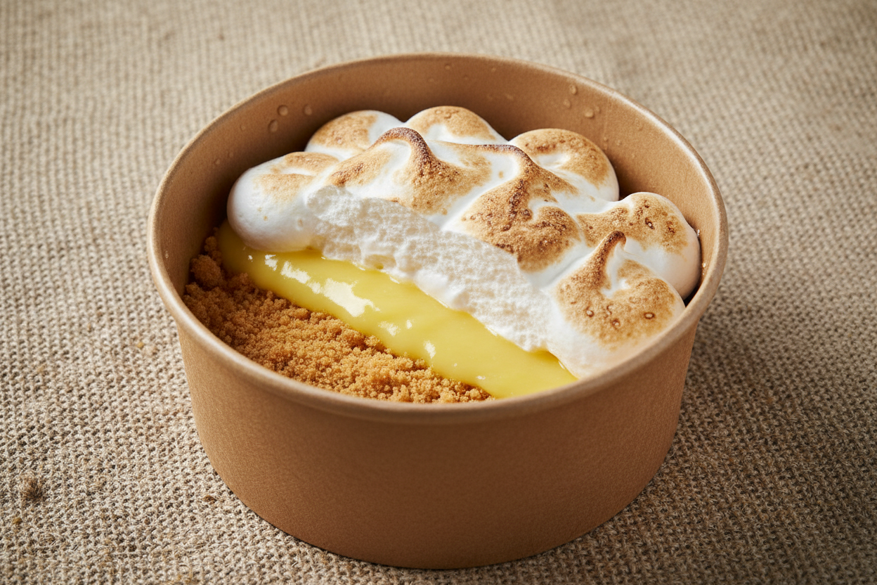 layers of crushed biscuit base, lemon curd, meringue in a round brown recycled container with a hessian background