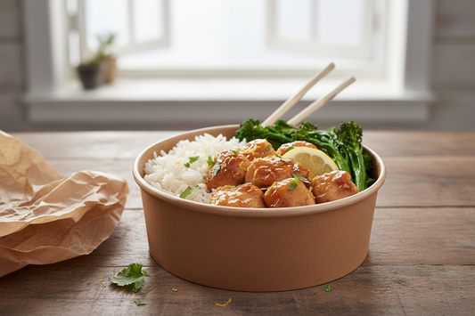 lemon chicken in brown paper bowl with rice and broccolini