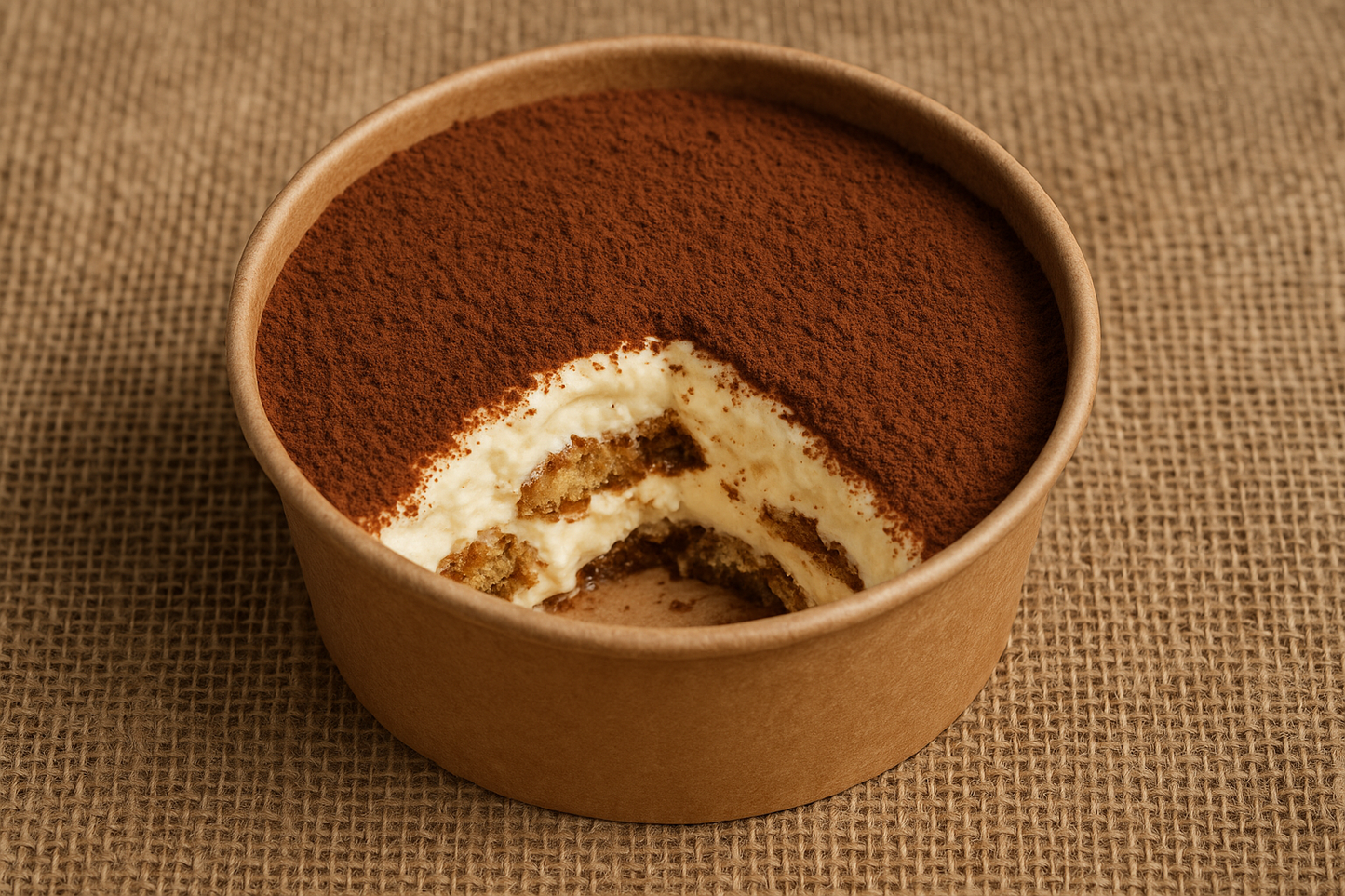 partly eaten tiramisu in a recycled round container 2 person serve with hessian background