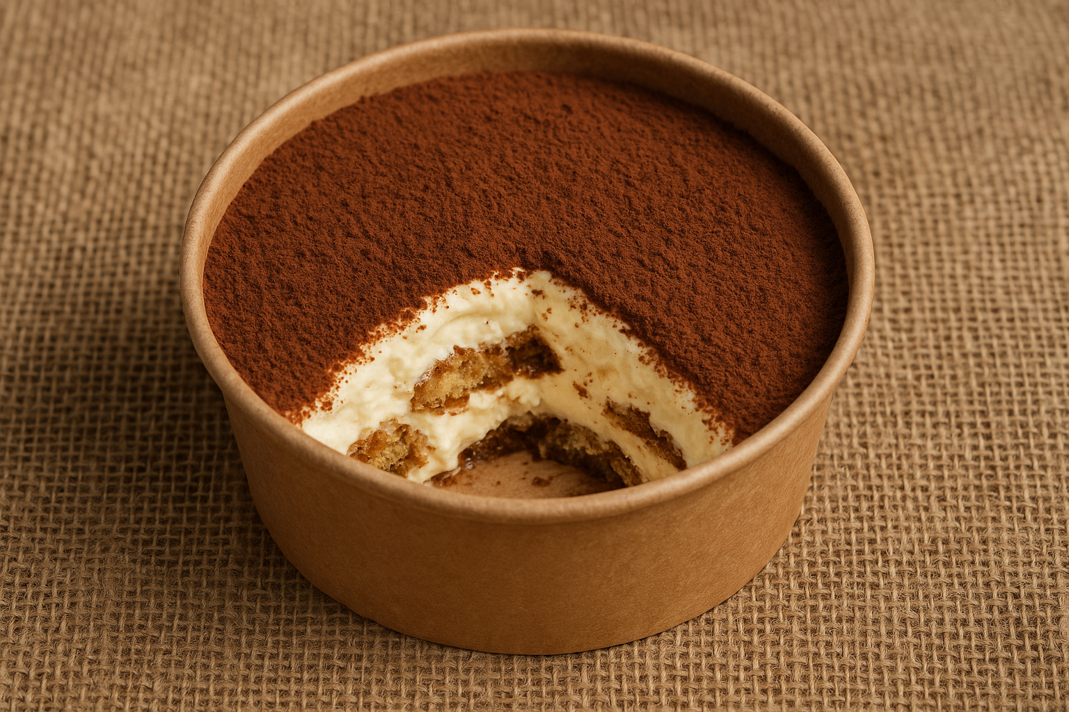 partly eaten tiramisu in a recycled round container 2 person serve with hessian background