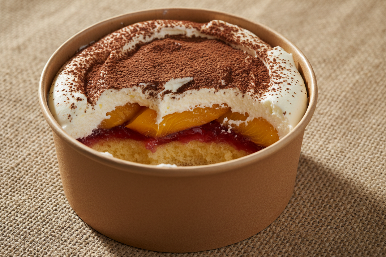 partly eaten triffle with peaches, jelly, sponge, white chocolate mousse dusted with cocoa in a round brown takeaway container with hessian background