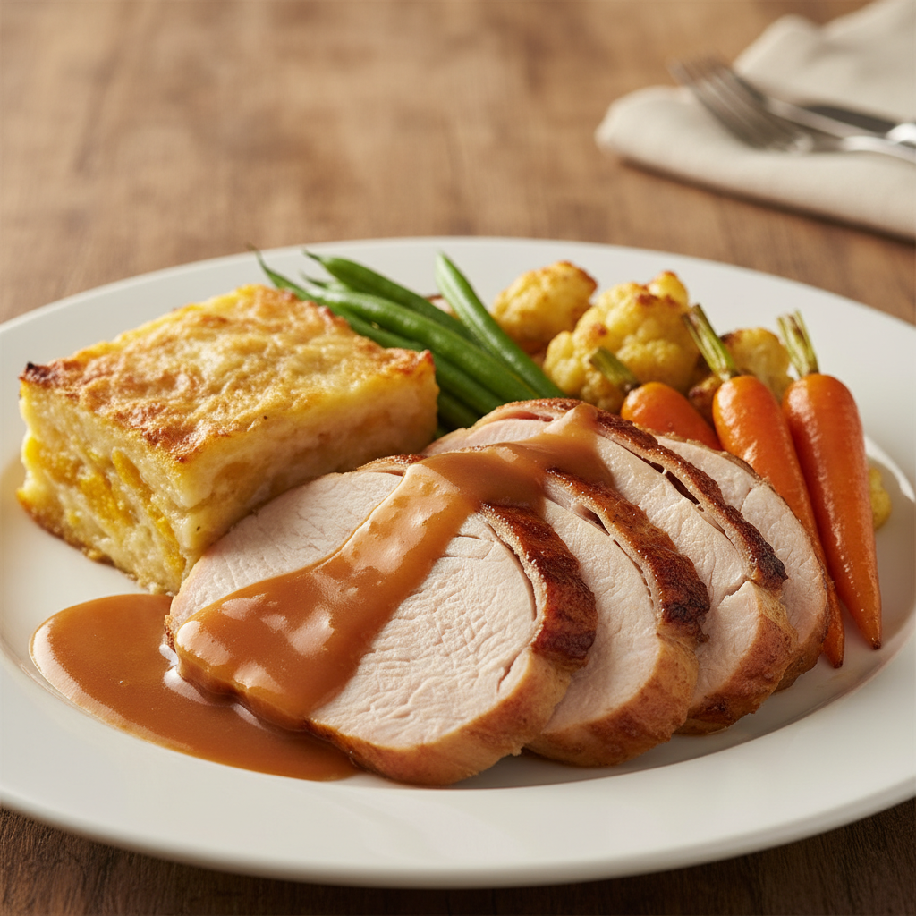 roast turkey with gravy, potato and pumpkin bake, benas, cauliflower and carrot