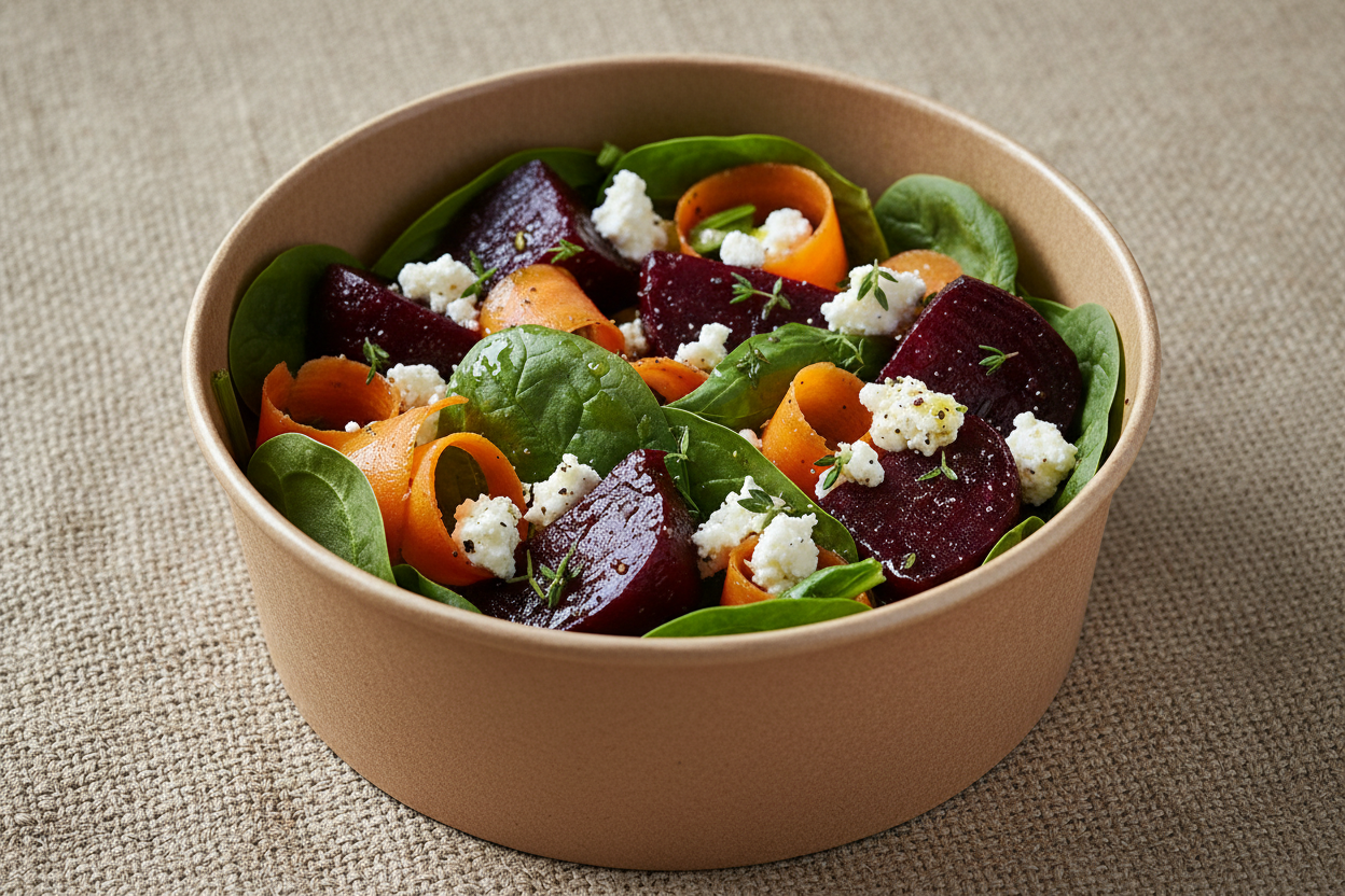 rustic style roasted beetroot, spinach, carrot and feta salad in a round recycled container with a hessian background