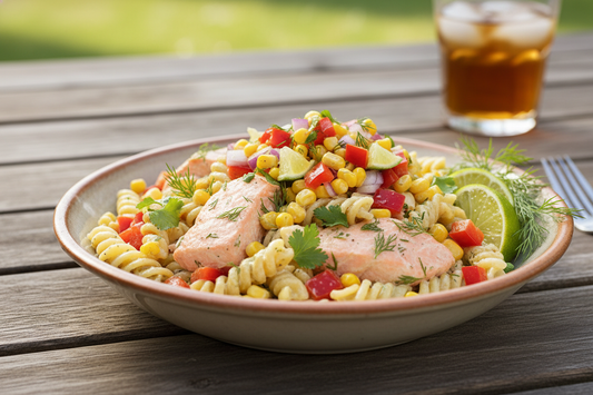 salmon pasta salad with corn and capsicum salsa
