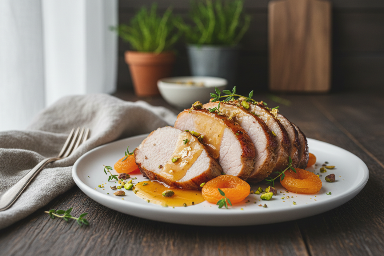 slices of roasted pork with apricot glaz