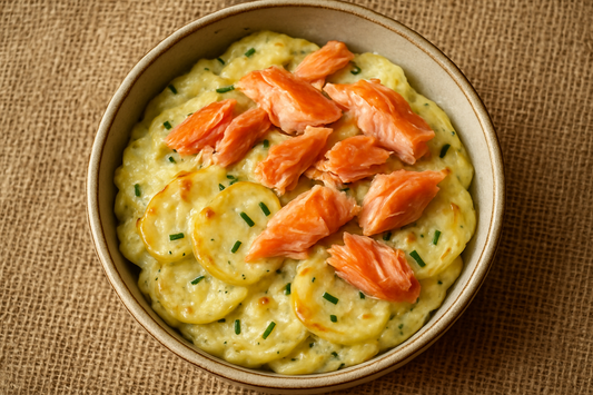 Sour Cream and chive potato bake with hot smoked salmon in the bowl with a hessian background
